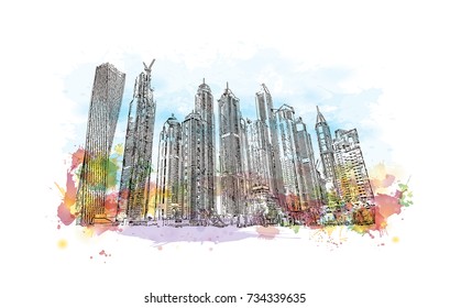 Watercolor splash with hand drawn sketch of Marina Dubai, Business Bay UAE  in vector illustration.
