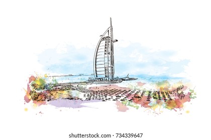 Colas de agua salpicadas con dibujos a mano de los Emiratos Árabes Unidos de Dubai en ilustración vectorial.