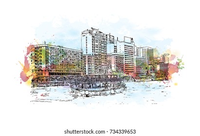 Watercolor splash with hand drawn sketch of Abra Dubai UAE in vector illustration.