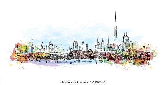 Watercolor splash with hand drawn sketch of Dubai Skyline in vector illustration.