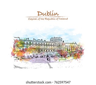 Watercolor splash with hand drawn sketch of Dublin Castle, Ireland in vector illustration.