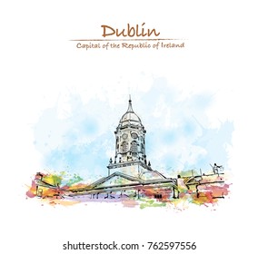 Watercolor splash with hand drawn sketch of Dublin Castle off Dame Street, Dublin, Ireland in vector illustration.