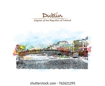 Watercolor splash with hand drawn sketch of Ha'penny Bridge The Ha'penny Bridge, known later for a time as the Penny Ha'penny Bridge. The River Liffey in Dublin, Ireland in vector illustration.