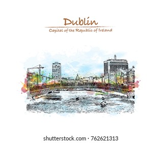 Watercolor splash with hand drawn sketch of Ha'penny Bridge The Ha'penny Bridge, known later for a time as the Penny Ha'penny Bridge. The River Liffey in Dublin, Ireland in vector illustration.