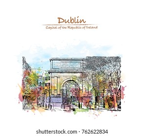 Watercolor splash with hand drawn sketch of Dublin, Capital of the Ireland in vector illustration.