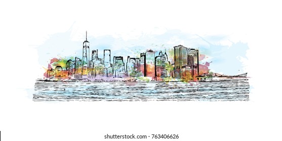 Watercolor splash with hand drawn sketch of New York City skyline in vector illustration.