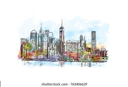 Watercolor splash with hand drawn sketch of New York City skyline in vector illustration.