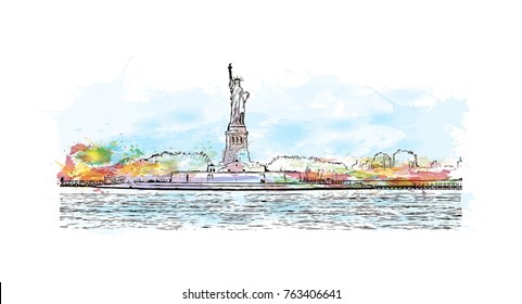 Watercolor splash with hand drawn sketch of the Statue of Liberty with One World Trade Center background, Landmarks of New York City, USA in vector illustration.