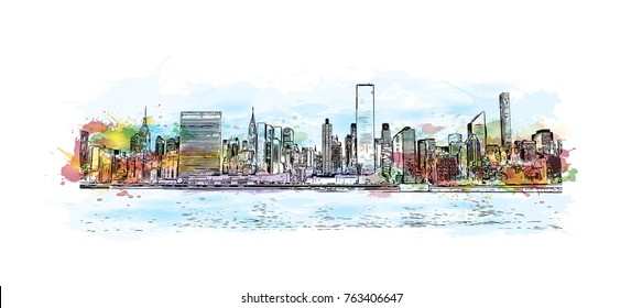 Watercolor splash with hand drawn sketch of New York City skyline in vector illustration.