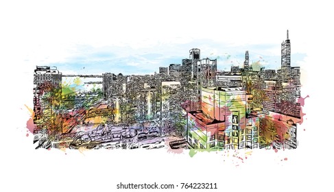 Watercolor splash with hand drawn sketch of Skyline Chicago, USA in vector illustration.