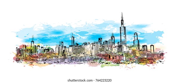 Watercolor splash with hand drawn sketch of Skyline Chicago, USA in vector illustration.