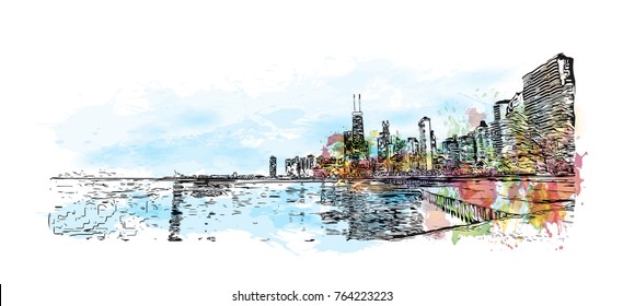 Watercolor splash with hand drawn sketch of Skyline Chicago, USA in vector illustration.