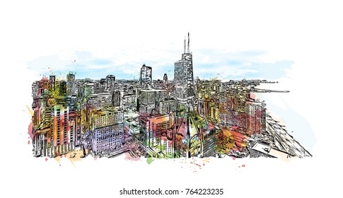 Watercolor splash with hand drawn sketch of Skyline Chicago, USA in vector illustration.