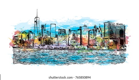 Watercolor splash with hand drawn sketch of New York City Skyline, USA in vector illustration.