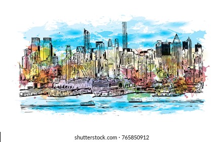 Watercolor splash with hand drawn sketch of New York City Skyline, USA in vector illustration.