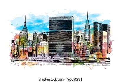 Watercolor splash with hand drawn sketch of New York City Skyline, USA in vector illustration.