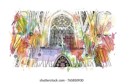 Watercolor splash with hand drawn sketch of The Cathedral of St. John the Divine, officially the Cathedral Church of Saint John, New York in vector illustra