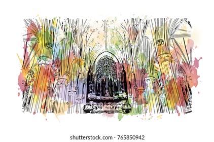 Watercolor splash with hand drawn sketch of The Cathedral of St. John the Divine, officially the Cathedral Church of Saint John, New York in vector illustra