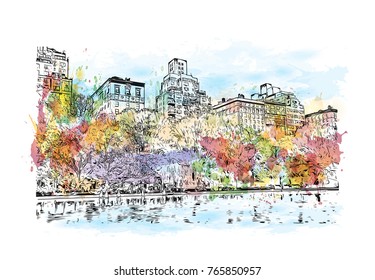 Watercolor splash with hand drawn sketch of Central Park, New York City, USA in vector illustration. svg