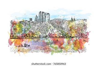 Watercolor splash with hand drawn sketch of Central Park, New York City, USA in vector illustration. svg