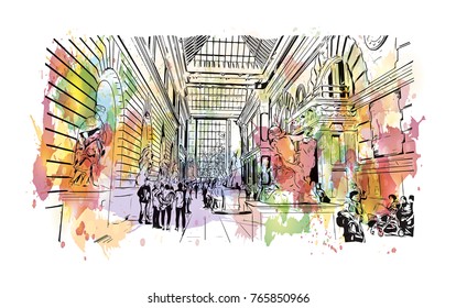 Watercolor splash with hand drawn sketch of The Metropolitan Museum of Art, colloquially "the Met," is located in New York City in vector illustration.