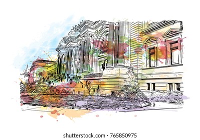 Watercolor splash with hand drawn sketch of The Metropolitan Museum of Art, colloquially "the Met," is located in New York City in vector illustration.