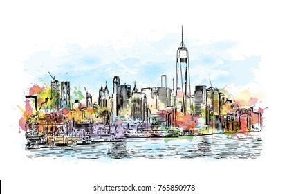 Watercolor splash with hand drawn sketch of New York City Skyline, USA in vector illustration.