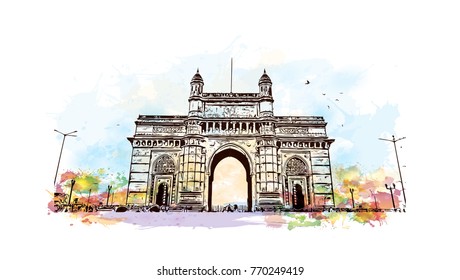 Watercolor splash with hand drawn sketch of Gateway of India Mumbai, India in vector illustration.