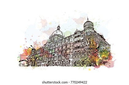 Watercolor splash with hand drawn sketch of Gateway of India Taj, Mumbai, India in vector illustration.