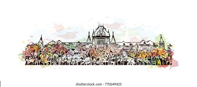 Watercolor splash with hand drawn sketch of Bombay High Court at Mumbai is one of the oldest High Courts of India in vector illustration.
