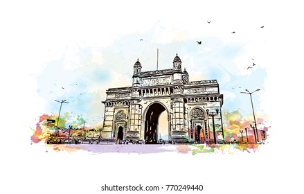 Watercolor splash with hand drawn sketch of Gateway of India Mumbai, India in vector illustration.