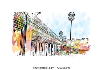Watercolor splash with hand drawn sketch of Angkor Wat Temple, Cambodia in vector illustration.