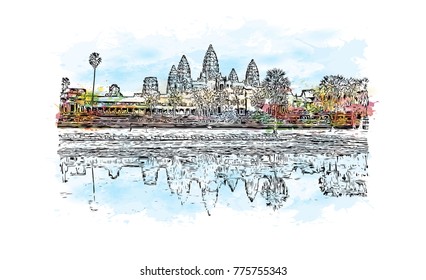 Watercolor splash with hand drawn sketch of Angkor Wat Temple, Cambodia in vector illustration.