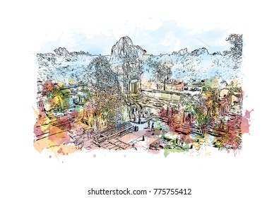 Watercolor splash with hand drawn sketch of Angkor Wat Temple, Cambodia in vector illustration.