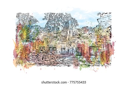 Watercolor splash with hand drawn sketch of Angkor Wat Temple, Cambodia in vector illustration.