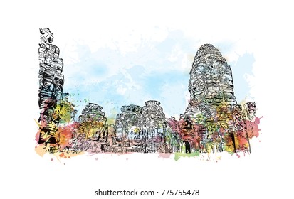 Watercolor splash with hand drawn sketch of Angkor Wat Temple, Cambodia in vector illustration.