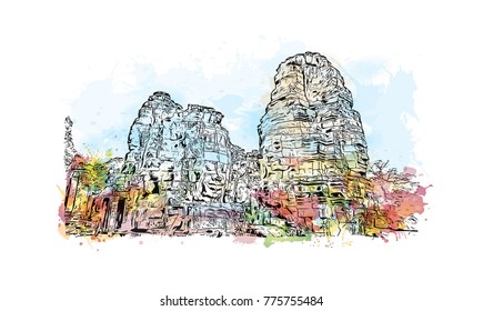 Watercolor splash with hand drawn sketch of Angkor Wat Temple, Cambodia in vector illustration.