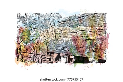 Watercolor splash with hand drawn sketch of Angkor Wat Temple, Cambodia in vector illustration.