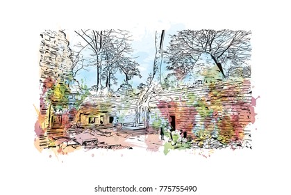 Watercolor splash with hand drawn sketch of Angkor Wat Temple, Cambodia in vector illustration.