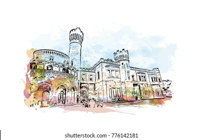 Watercolor splash with hand drawn sketch of Bangalore Palace, India in vector.