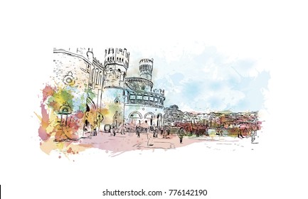 Watercolor splash with hand drawn sketch of Bangalore Palace, India in vector.