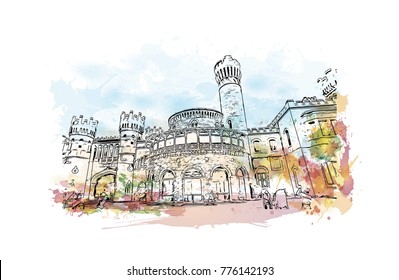 Watercolor splash with hand drawn sketch of Bangalore Palace, India in vector.