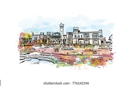 Watercolor splash with hand drawn sketch of Bangalore Palace, India in vector.