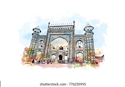 Watercolor splash with hand drawn sketch of Taj Mahal Entrance in Agra, India. Colorful vector illustration.