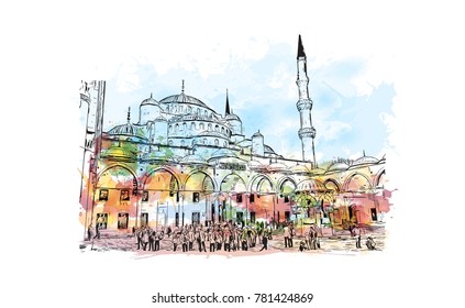 Watercolor splash with hand drawn sketch of The Blue Mosque, (Sultanahmet Camii), Istanbul, Turkey in vector.