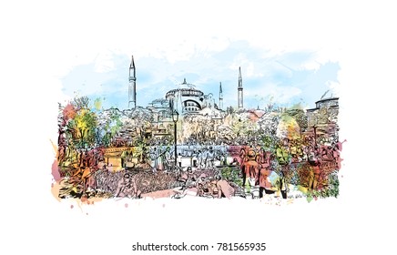 Watercolor splash with hand drawn sketch of Aya Sophia Istanbul, Turkey in vector.