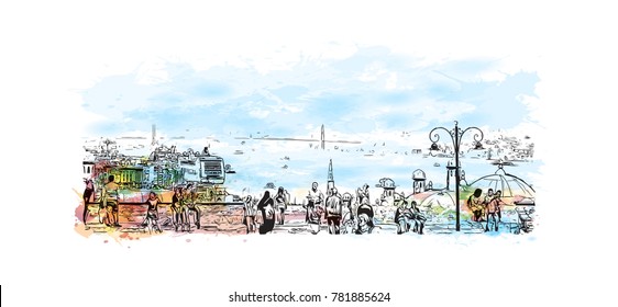 Watercolor splash with hand drawn sketch of Suleymaniye Mosque Istanbul, Turkey in vector.