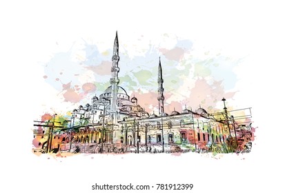 Watercolor splash with hand drawn sketch of New Mosque, Istanbul, Turkey in vector.