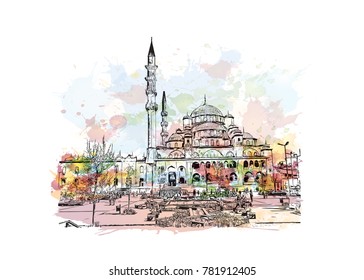 Watercolor splash with hand drawn sketch of New Mosque, Istanbul, Turkey in vector.