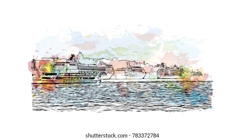 Watercolor splash with hand drawn sketch of The Bosphorus Istanbul, Turkey in vector.